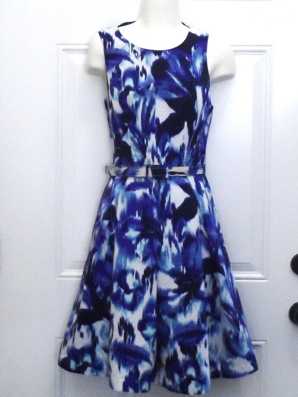 Eliza J Navy Fit-and-Flare Dress with Blue Print- size 6